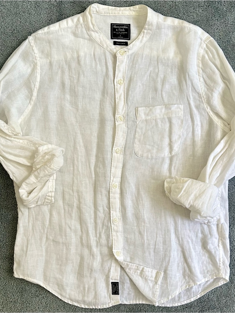 Abercrombie & Fitch 100% Linen Band-Collar Shirt - Large - White